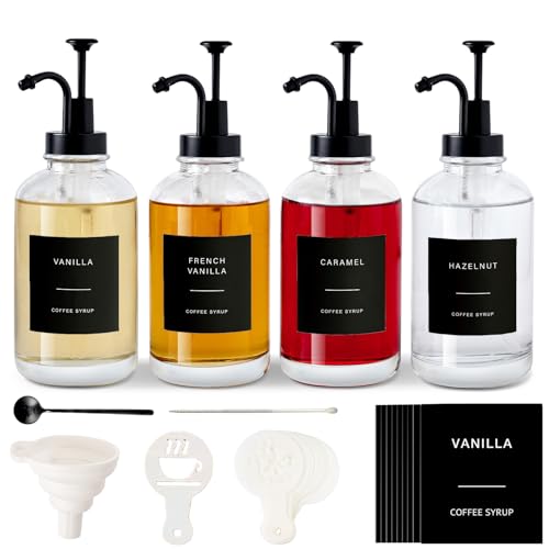 Coffee Syrup Dispenser for Bar, Glass Syrup Bottle with Pump, Coffee Pump Dispenser Bottle with Tray, Spoon for Station,16.9 oz, Black, 500 ml