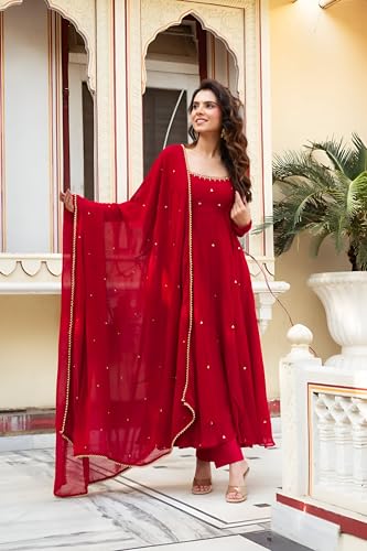 Premium Red Faux Georgette Anarkali Suit Set with Handwork & Real Diamond, 4.5m Flair, Dupatta & Pant – Stitched4
