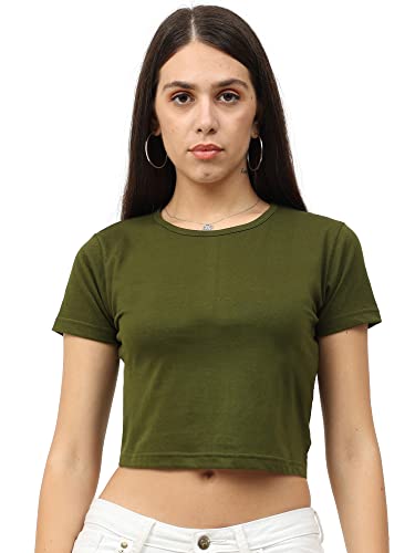 Image of FLEXIMAA Women's Cotton Plain Round Neck Half Sleeve Crop Top