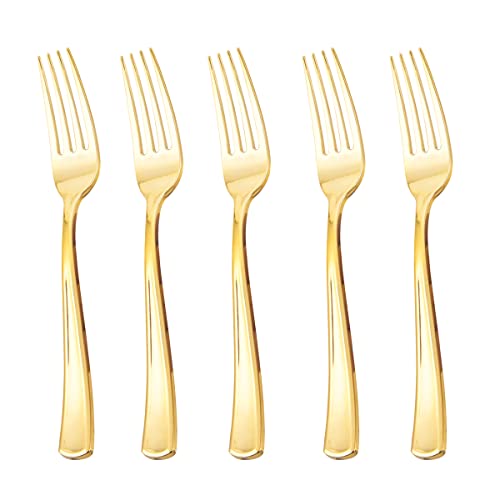 Youbet 300Pcs Gold Plastic Forks - Heavyweight Plastic Forks - 7.4 Inch Heavy Duty Disposable Forks - Gold Plastic Silverware Perfect For Halloween/Thanksgiving/Christmas #TOP11