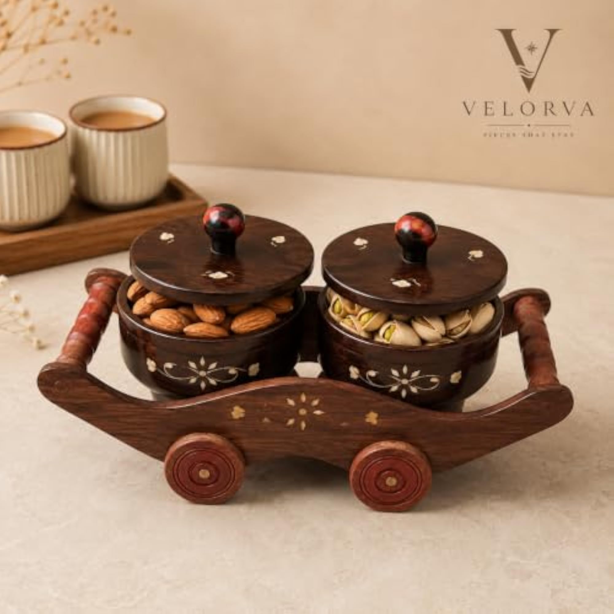 Wooden Dry Fruit Serving Cart with Dual Bowls and Lids