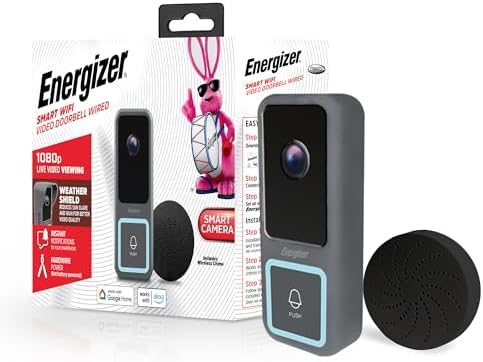 Energizer Smart Doorbell & Chime, Wired 1080p Video Doorbell Security Camera, 2-Way Audio, Night Vision, Cloud & Card Storage, Works with Alexa & Google Home, Motion Sensor, Requires Existing Wires
