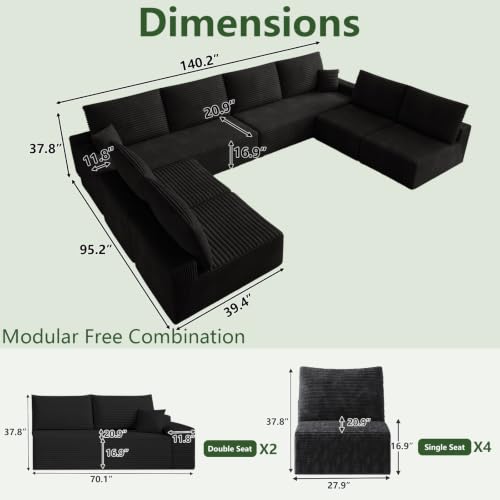 Image of Oversized Modular Sectional Sofa Couch, Large 8 Seater Corner Sofa Modern U Shaped Sectional Couch Cloud Couches for Living Room, Office, Spacious Space, Corduroy, No Assembly Required, Black