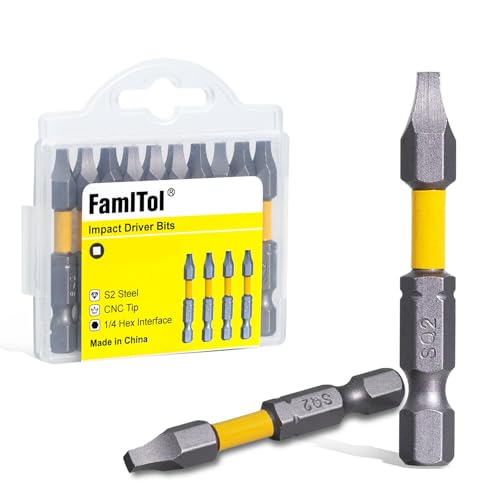 FamlTol 2 Inch Square Bit #2 Square Impact Driver SQ2 Bits Robertson Head Bit Set S2 Steel CNC Magnetic Anti-Slip Torsion Zone for Professional Woodworkers Pocket Hole Screws Construction | 10 Pack