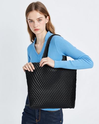 Image of BAGOK Woven Tote Bag for Women, Handwoven Vegan Leather Shoulder Bag with Clutch, Large Tote for Work, Travel & Beach