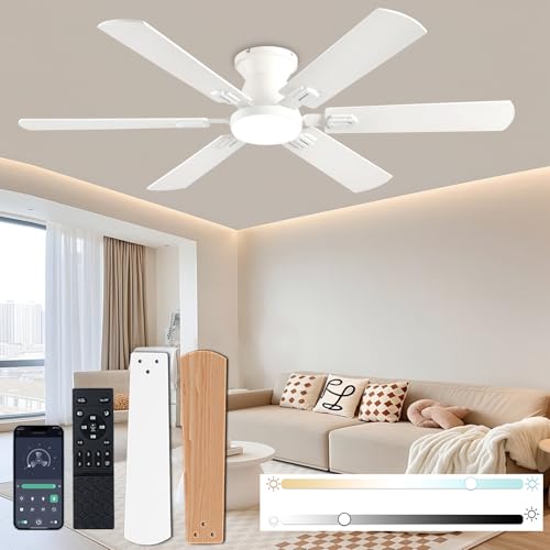 KNUN 56 inch Ceiling Fans with Lights, White Flush Mount Ceiling fan with Light and Remote/APP Control, 3CCT,Dimmable, Noiseless, Low Profile Ceiling Fan for Bedroom, Patio, Indoor/Outdoor Use
