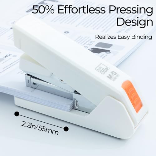 Image of M&G Effortless Stapler 50 Sheet Capacity One-Touch Stapling, Heavy Duty Desktop Stapler Includes 1000 Staples and Remover, Portable Handheld Staplers for Home & Office (White)