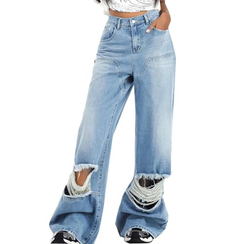 Women's Casual Loose Ripped Denim Pants Distressed Wide Leg Hiphop Fashion Teen Girls Y2k Streetwear High Waisted Jeans