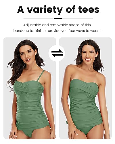 Image of Shuangyu Women's Twist Front Bandeau Tankini Set Two Pieces Ruched Tummy Control Suimsuit with Mid Waist Briefs