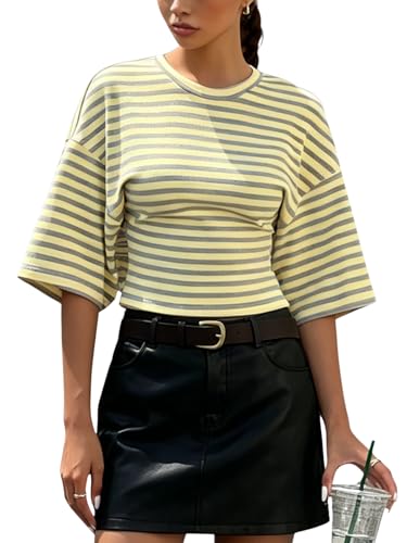 Verdusa Women's Cinched Waist Tops Y2K Striped Half Sleeve T Shirts Summer Outfits Yellow Grey Large