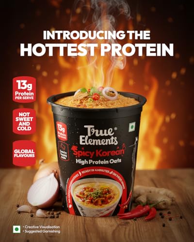 Image of True Elements Spicy Korean Protein Oats 66g - High Protein Instant Oats | Savoury Oat Cup | Healthy Ready-to-Eat Meal