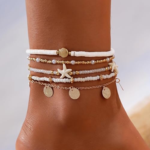 Image of Boho Shell Ankle Bracelet Set for Women, 5 Pairs 14K Boho Bead Handmade Adjustable Anklet, Hawaiian Beach Seashell Starfish Foot Jewelry Gifts