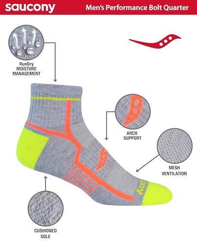 Saucony Men's RunDry Bolt Performance Quarter Socks, Available in L-XL (6, 12 Pairs)2
