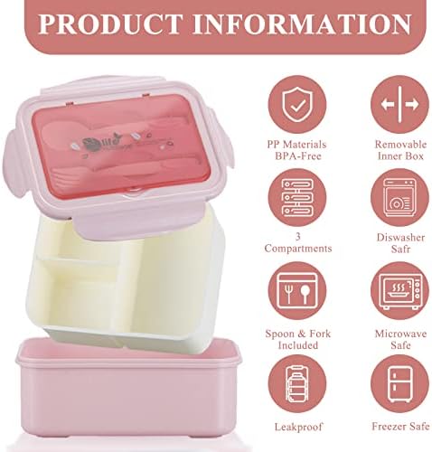Bento Box-Food Grade PP5 Material Bento Box, High Temperature Resistant, Keep Warm, Easy to Carry, 1400ML Lunch Pack Box with 3 Compartments Grid and Cutlery