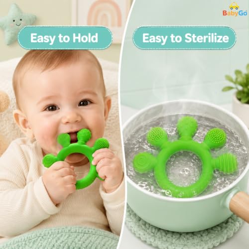 Image of BabyGo 2-in-1 Baby Teether & Sensory Ring | Soft Silicone Multi-Textured Chew Toy for Gum Soothing | Mouthing & Sensory Development | Easy-Grip Toy for Infants 3-12 Months | Green | Pack of 1
