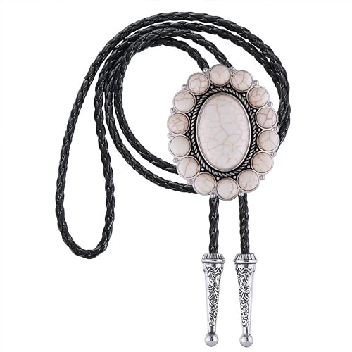 Image of GelConnie Bolo Tie for Men Women Western Cowboy Turquoise Leather Necktie | Natural Stone Bolo Tie Necklace for Women Rodeo Cowboy Leather Necktie Native American Western Cowgirl Ties Adjustable Cord