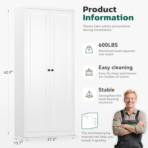 Image of Greenvelly Metal Storage Cabinet, 63 inch H White Metal Storage Cabinet with Doors and 4 Shelves, Steel Cabinets for Living Room, Office, School (White - Modern)