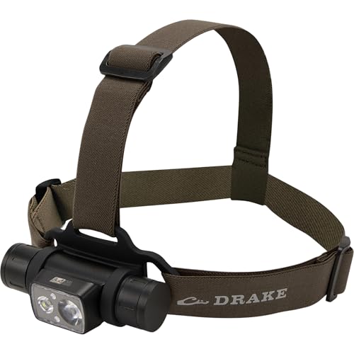 Drake Waterfowl EVO1500 Lumen Headlamp – Rugged Waterproof Aluminum Headlamp with Rechargeable Power Supply, Multi-Mode Light, and Lockout Setting, Green Timber