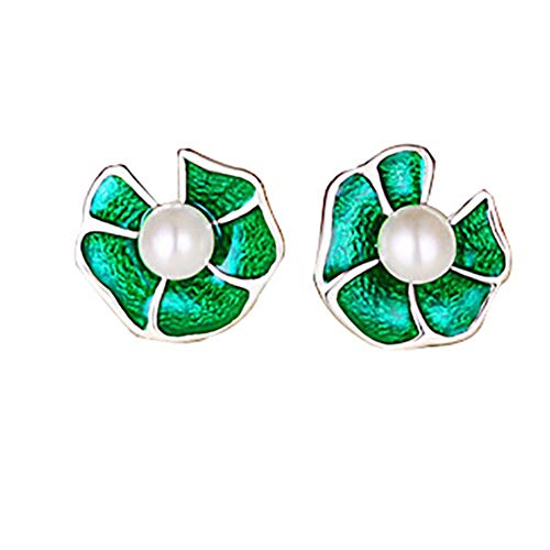 Pendientes de plata con concha blanca y flores verdes para eventos y diario casual
