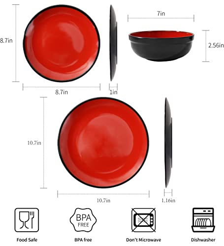 Tp 12-Piece Dinnerware Set, Melamine Dishes Set With Bowls And Plates, Non-Breakable Lightweight Dinner Service For 4, Red & Black #TOP6