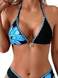 GORGLITTER Brazilian Style damskie bikini, seksowne stringi trójkątne bikini z kwiatami, dwuczęściowy strój kąpielowy wiązany na szyi, moda kąpielowa, niebieski, S