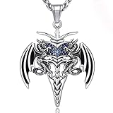 YAMI Dragon Necklace for Men, Silver Sword and Double Dragon Pendant Necklace for Boys, Fantasy Dinosaur Pendant, Punk Dragon Wing Necklace, Hypoallergenic Dragon Jewelry, Halloween Gift 24 Inch Chain