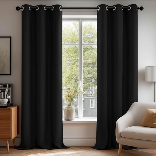 Deconovo Super Soft Room Darkening Curtains Thermal Insulated Eyelet Curtains Blackout Curtains for Boys Bedroom Black 42 x 84 Inch 2 Panels