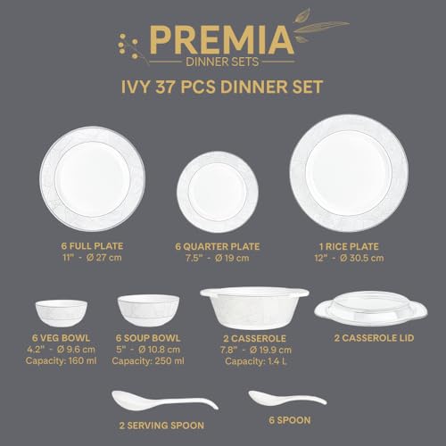 Image of Larah by Borosil 37pc Opalware Ivy Dinner Set for Family of 6 | Microwave & Dishwasher Safe Crockery Set for Dining & Gifting | Plates & Bowls