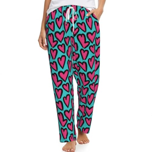PrelerDIY Women'S Magenta Pink Hearts Leopard Print Flannel Pajama Pants Soft Lounge Sleep Pants Pj Bottoms With Pockets & Drawstring 5x-Large