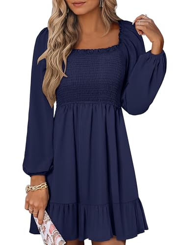 ANRABESS Womens Long Lantern Sleeve Square Neck Dress Smocked Tiered High Waist Ruffle Flowy Swing 2025 Fall Short Dresses