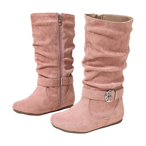 Mid Calf Boots for Girls Soft Slouchy Flat to Low Heel Under Knee High Boot Buckle Zipper Cute Round Toe Riding Boot Girl's Slouchy Slip On Casual Boots