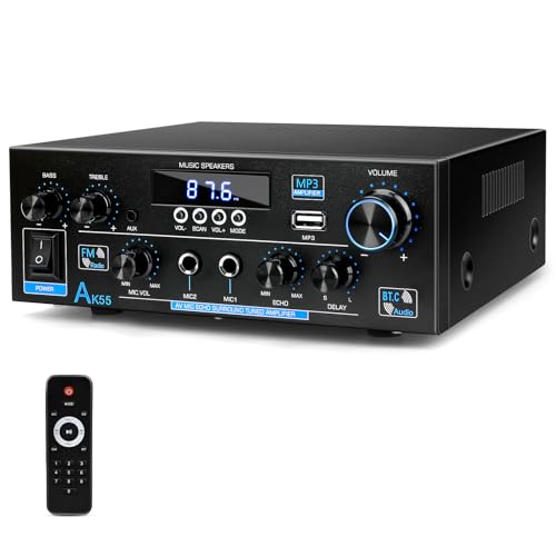 Bluetooth Amplifier AK55-2 Channel Speaker Amplifier Car Amp HiFi for Speakers FM Radio, Karaoke, w/USB/2 MIC/SD/MMC/FM Inputs & Remote Control, for Home Theater & Bookshelf Speakers