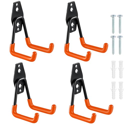サムコス ガレージフック 壁掛け ガレージ収納 4個セット 強力 L型の重い ダブルフック 自転車 工場用 DIY 工具 ガーデン ネジフック はしご/ホース/自転車/玄関/倉庫/道具収納 物置 取付用 ツール ネジ付属M(4個入り，オレンジS)