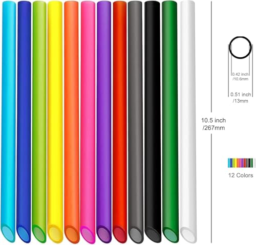 Image of ALINK 12 PCS Reusable Boba Straws, 13 mm x 10.5 inch Long Wide Colored Plastic Smoothie Straws for Bubble Tea, Tapioca Pearls with 2 Cleaning Brush - Pointed Design