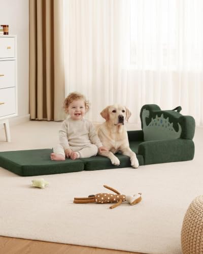 Image of Blissful Diary Foldable Kids Couch, 2-in-1 Kids Sofa Chair, Green Dinosaur
