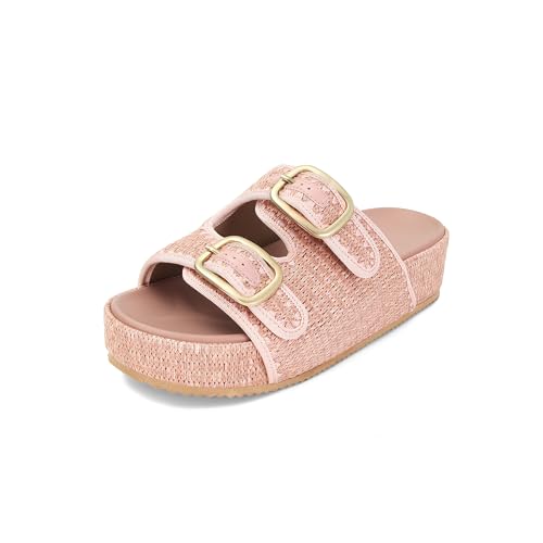 Image of Raffia Sandals for Women Platform Slide Sandals Espadrille Adjustable Double Buckle Summer Comfortable Cute Woven Casual Beach Shoes