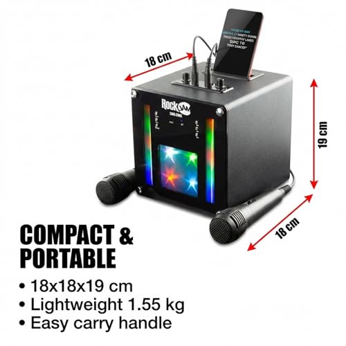 Miniatura 3 de RockJam singcube - Máquina de Karaoke Bluetooth Recargable de 5 vatios con Dos micrófonos, Efectos de Cambio de Voz y Luces LED, Color Negro