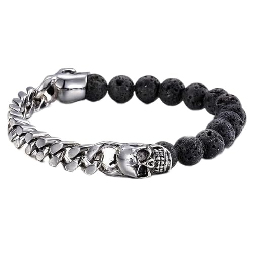 Pulsera de cadena bangle con cuentas de piedra lava y calavera vintage miniatura 1