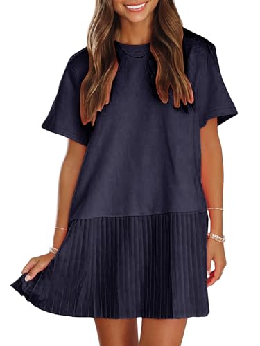 Image of EXLURA Womens Summer Casual Short Sleeve Dress Crewneck Tshirt Dresses Pleated Aline Mini Dress 2025 Vacation Beach Sundress