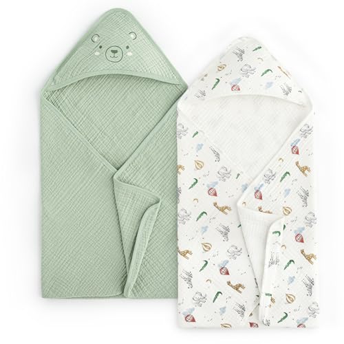 Image of david's kids 2 Pack Hooded Baby Towels, Large 32 inchx32 inch, 6 Layer 100% Muslin Cotton Highly Absorbent Boy Girl Bath Towel for Newborn, Infant, Toddler, Ultra Soft and Breathable Baby Essentials, Animals