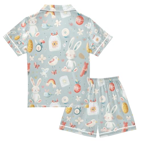 senya Rabbit and Rainbow Satin Summer Pajama Sets Silk Short Sleeve Button Down Sleepwear2
