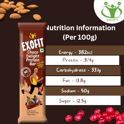 Image of Exofit Choco Delight Protein Bar - 35g x 4 Bar (140g Total) | High Protein Blend, Low Calorie,High Fiber, No Preservatives & Sugar| Healthy Protein Snack for Gym & Weight Management