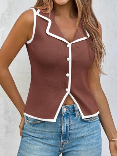 Saodimallsu Womens Sleeveless Sweater Vest Button Color Block Sexy V Neck Collared Summer Knit Tank Tops2