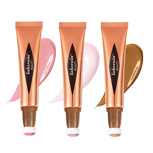 Go Ho 3 Pcs Liquid Contour And Blush Wand,Liquid Highlighter Makeup,Cream Face Concealer Contouring With Cushion Applicator,Easy To Blend & Long Lasting & Natural-Looking Dewy Finish,Happy Rose Blush&Bronzer Contour&Pink Highlighter Liquid #TOP8