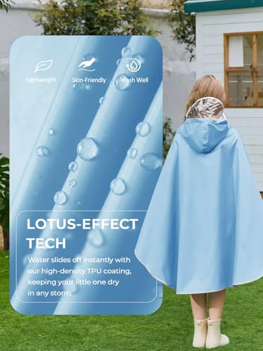 Image of Haloumoning Kids Hooded Rain Poncho Girls Waterproof Lightweight Reusable Raincoat Jacket 4-14 Years