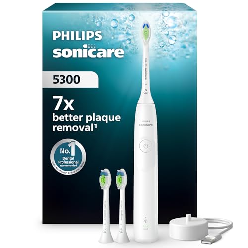 Philips Sonicare 5300 - Brosse à dents électrique sonique avec 2 niveaux d'intensité, Alerte de pression, EasyStart, SmarTimer et BrushPacer, Blanc, modèle HX7108/04...