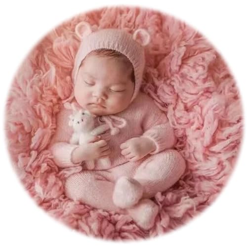 Image of Zeroest Newborn Bear Photography Outfit Girl Boy Bear Hat Photo Picture Props Baby Phootshoot Knit Footed Romper Bonnet 2PCS