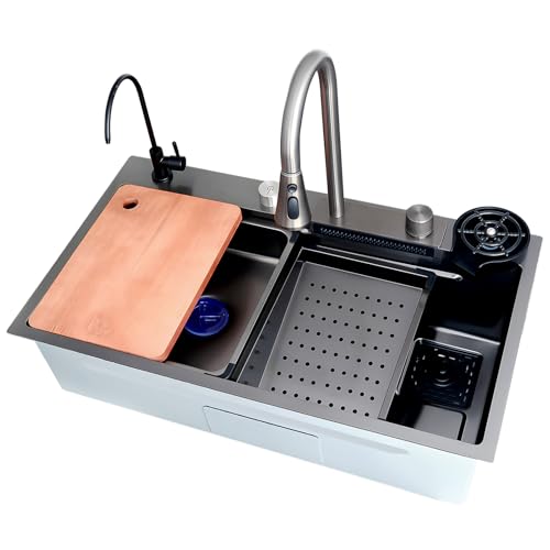 Fregadero de cocina con cascada, 85 x 50, con grifo extensible, lavabo pequeño, fregadero de tazas, juegos de desagüe, fregadero de barra de cocina de acero inoxidable, fregadero individual con