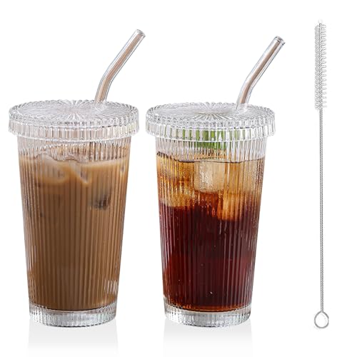 Noxtioanip 2 Piezas Vasos de Cristal con Tpa y Pajita, 380ml Vaso de Vidrio, Tazas de Café Helado, Tazas de Té de Burbuja, Diseño de Rayas Verticales para Leche, Café, Batidos, Jugo, Macchiato, Whisky