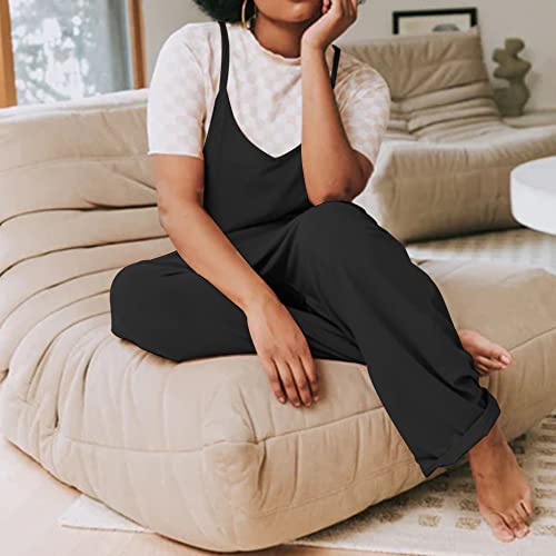 Seeluna Womens Casual Sleeveless Jumpsuits V-Neck Spaghetti Strap Wide Leg Romper Overalls Jumpsuit With Pockets(Black,M) #TOP3